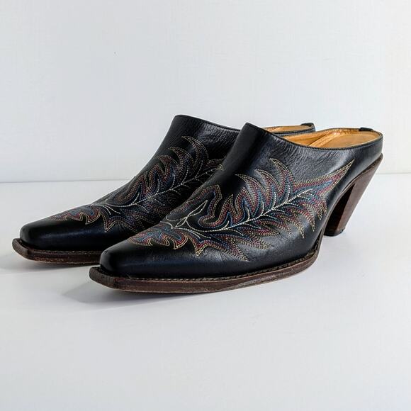 Charlie 1 Horse Shoes Womens 8.5 Black Mules Heels Leather Cowboy Slip On Pointy - Picture 16 of 16